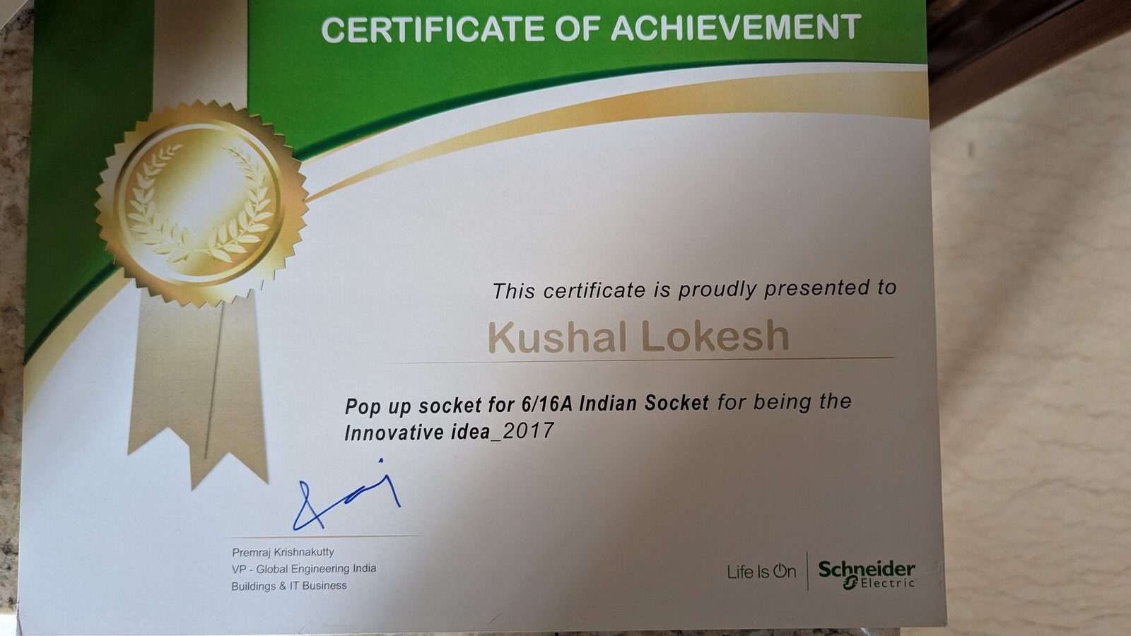 Innovative Idea 2017 certificate